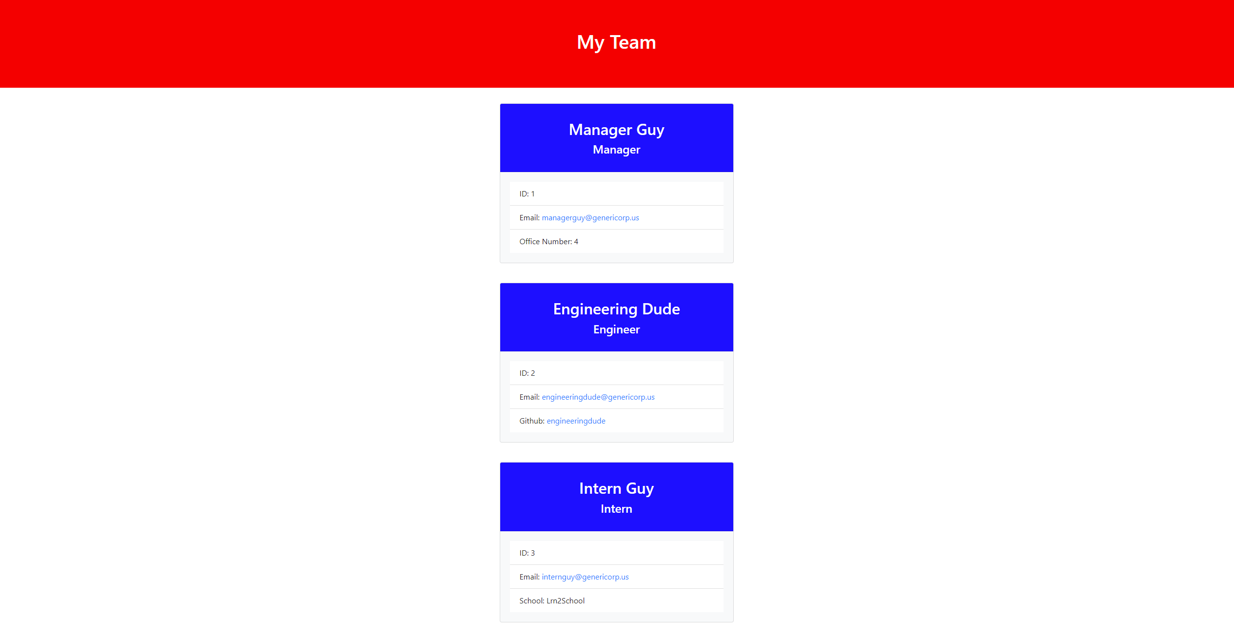 screenshot of the team builder application