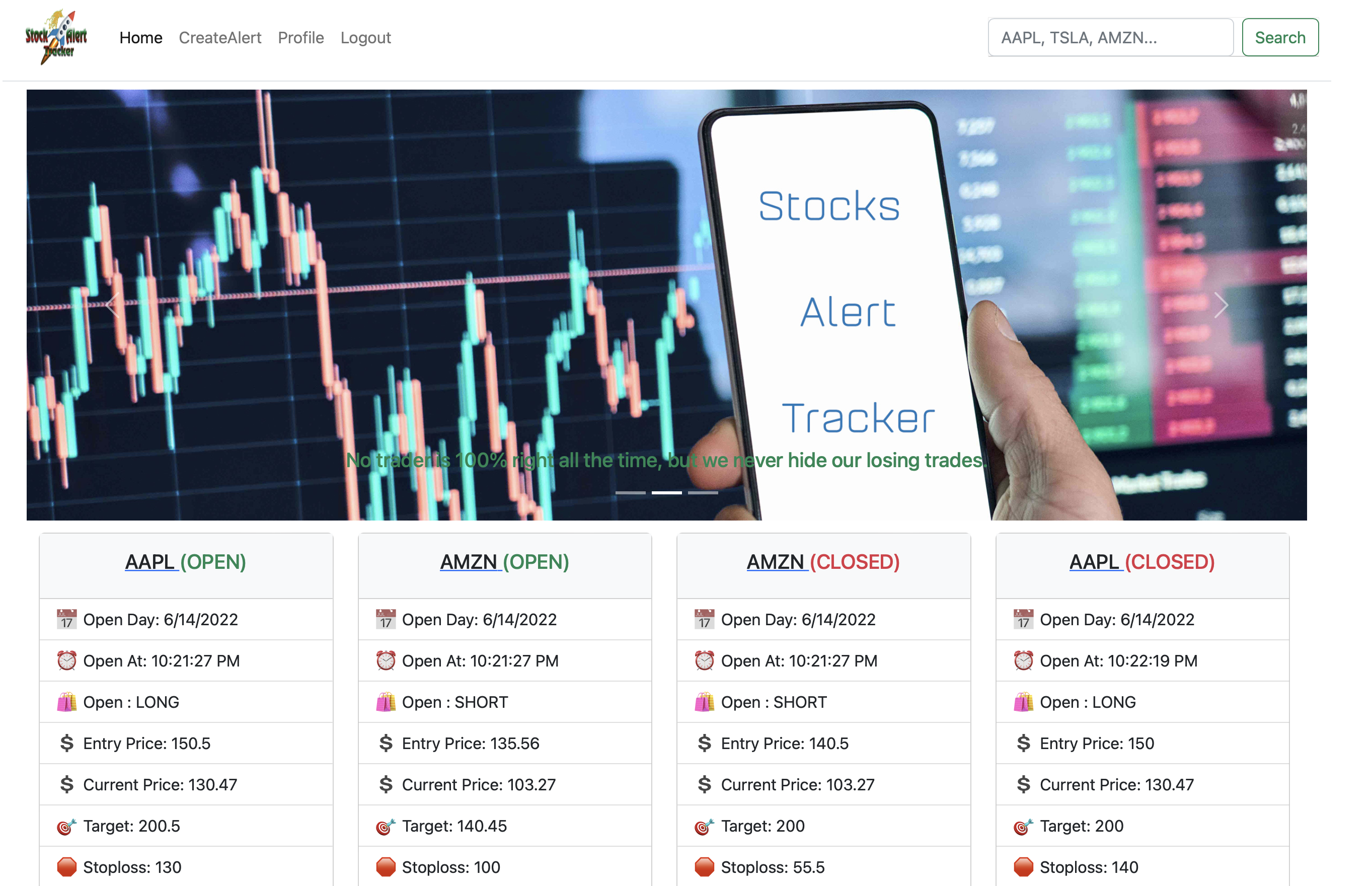 screenshot of the stock alert tracker application