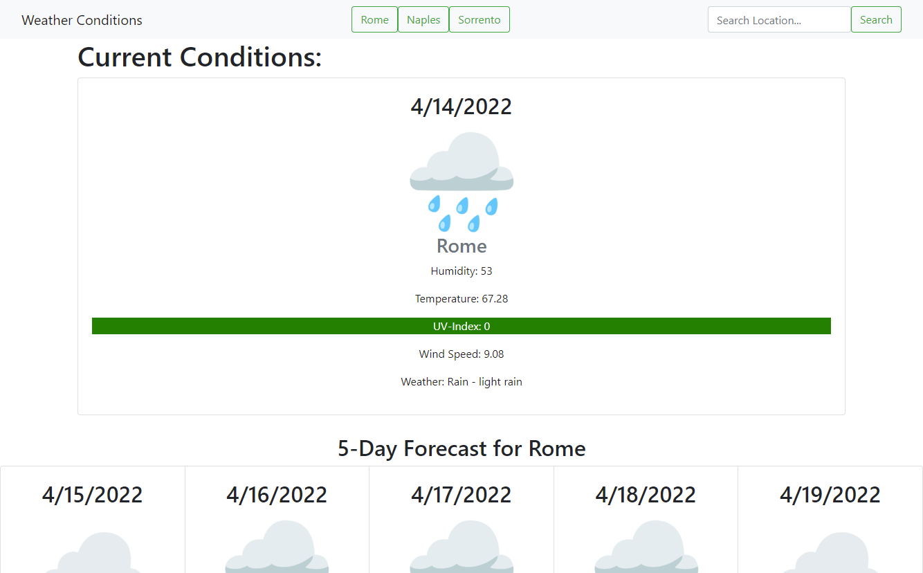 screenshot of the weather dashboard application